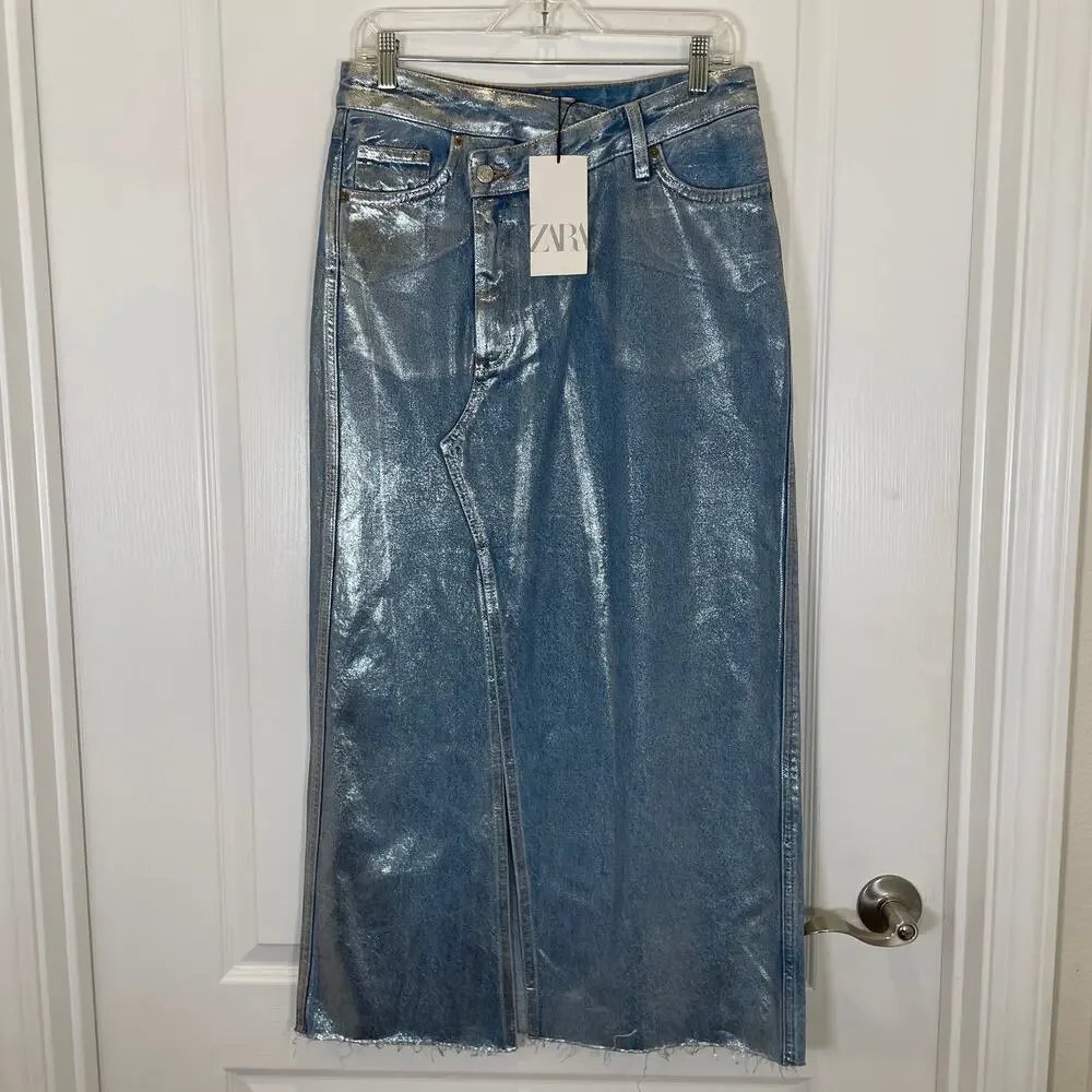 Zara Metallic Denim Skirt Coated Silver Maxi Asymmetric w/ Slit Futuristic NWT S